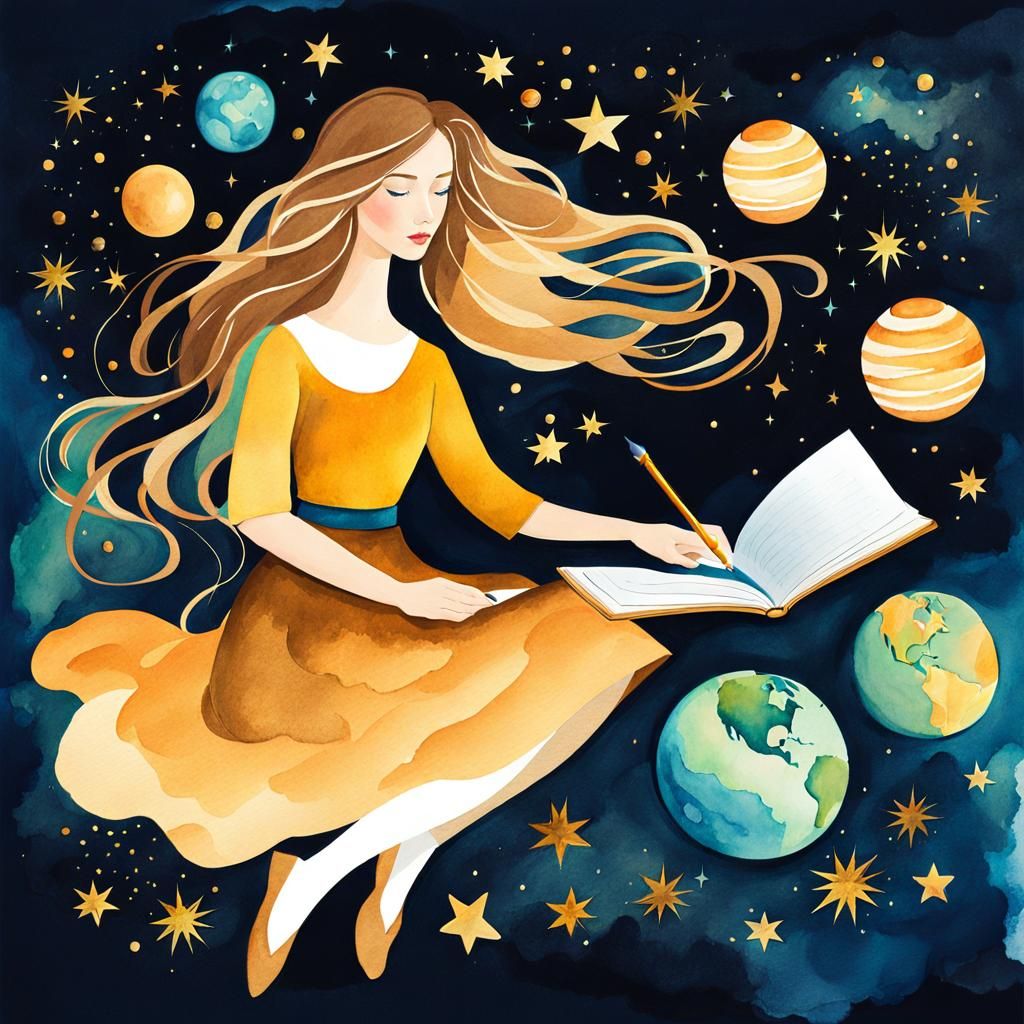 Dreamy Woman Writing in Space, Watercolor Gouache Art