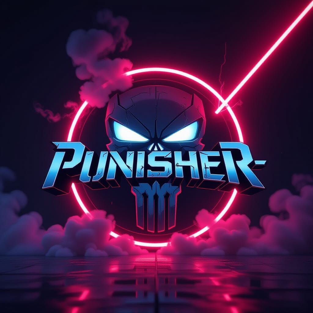 Chrome Punisher Logo with Neon Red Laser and Smoke