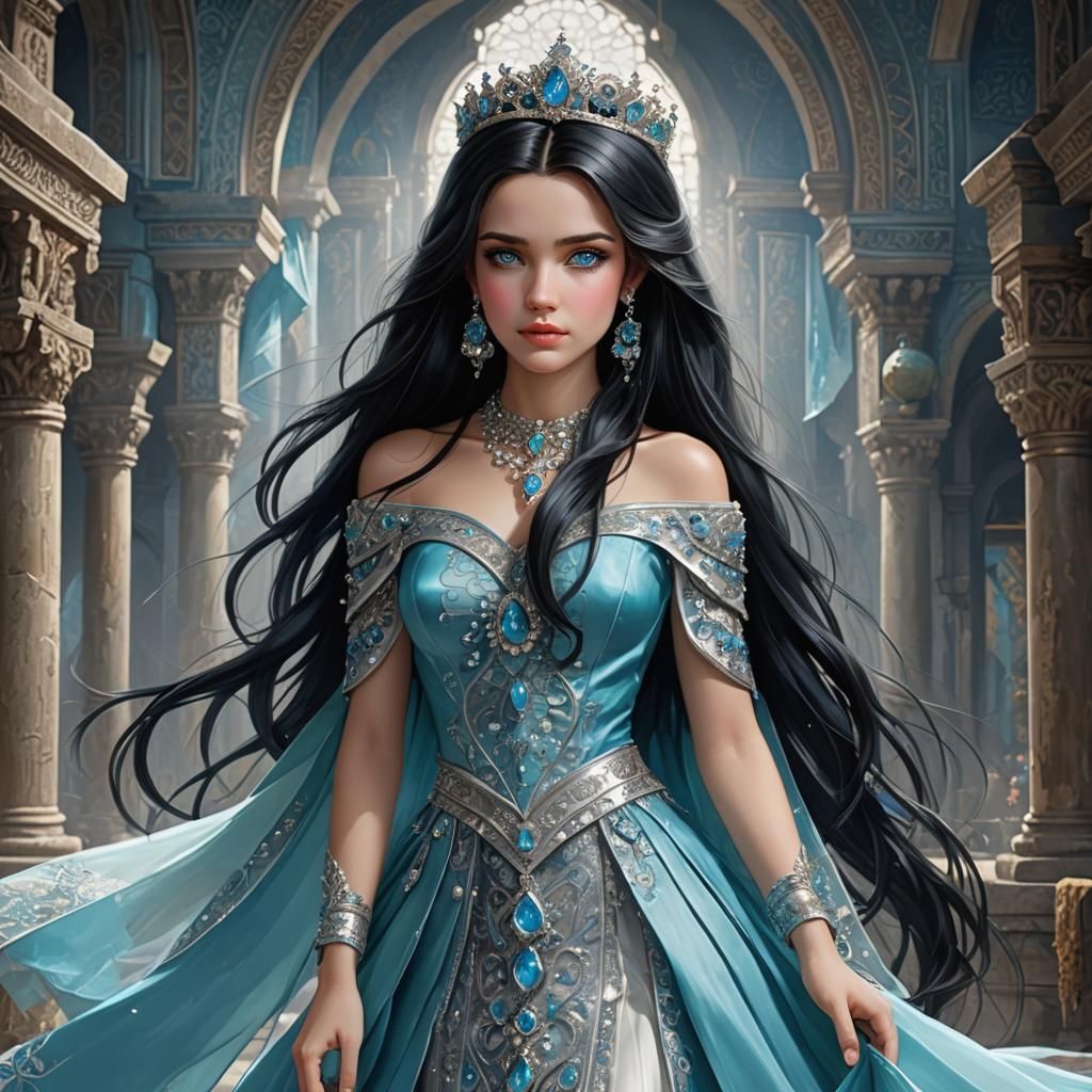 Black-Haired Princess in Turquoise Gown: Fantasy Art