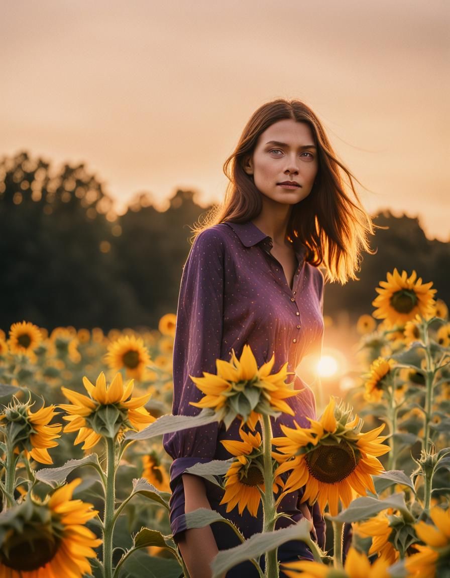 Woman in Sunflowers at Golden Hour
