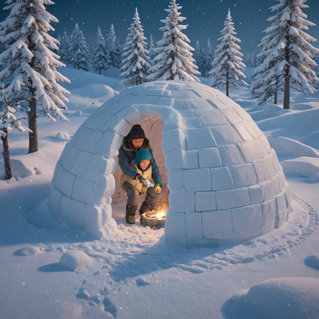 Eskimo Building Igloo in Anime Style