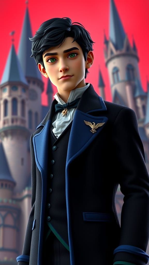 Young Man in Regency Garb at Hogwarts: 3D Digital Art