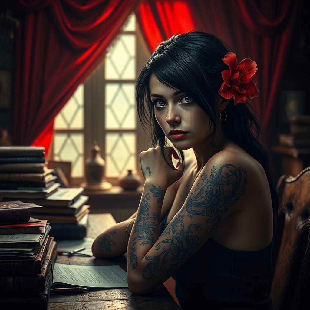 Intense Portrait of a Tattooed Woman in a Vintage Study