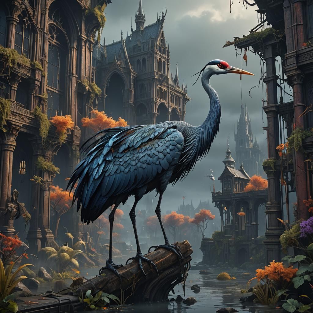 Gothic Crane Bird Masterpiece: Detailed Fantasy Art