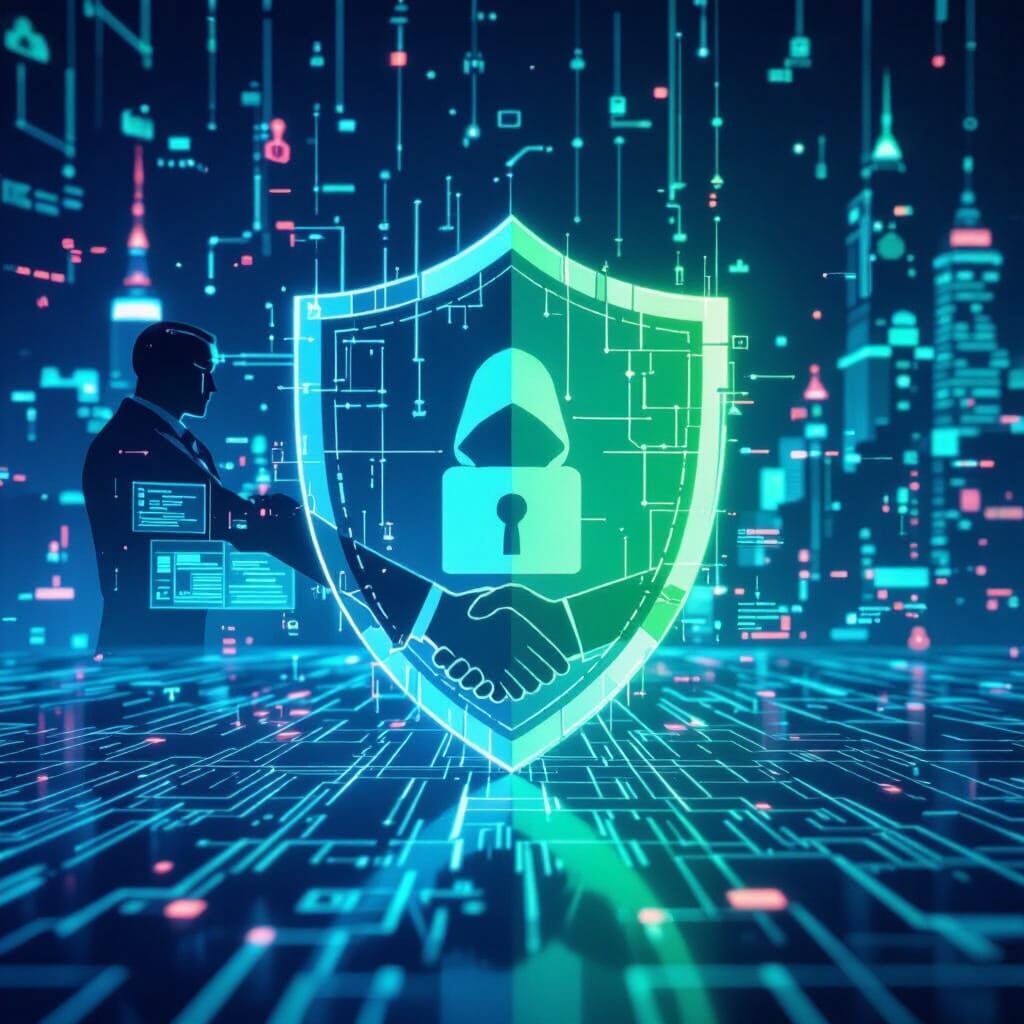 Government Official and Hacker in Dramatic High-Contrast Ill...