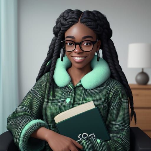 A cute black girl teenager sitting in a fluffy green
