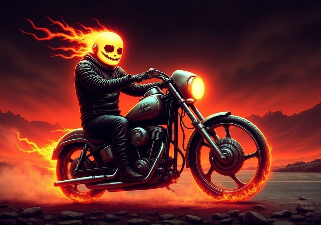 Ghost Rider on Burning Motorcycle in Comic Book Style