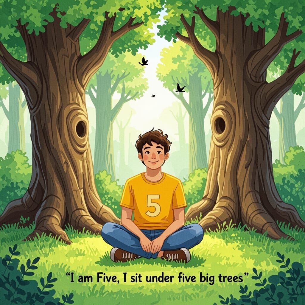 Number Five Sits Under Tall Trees in Whimsical Style