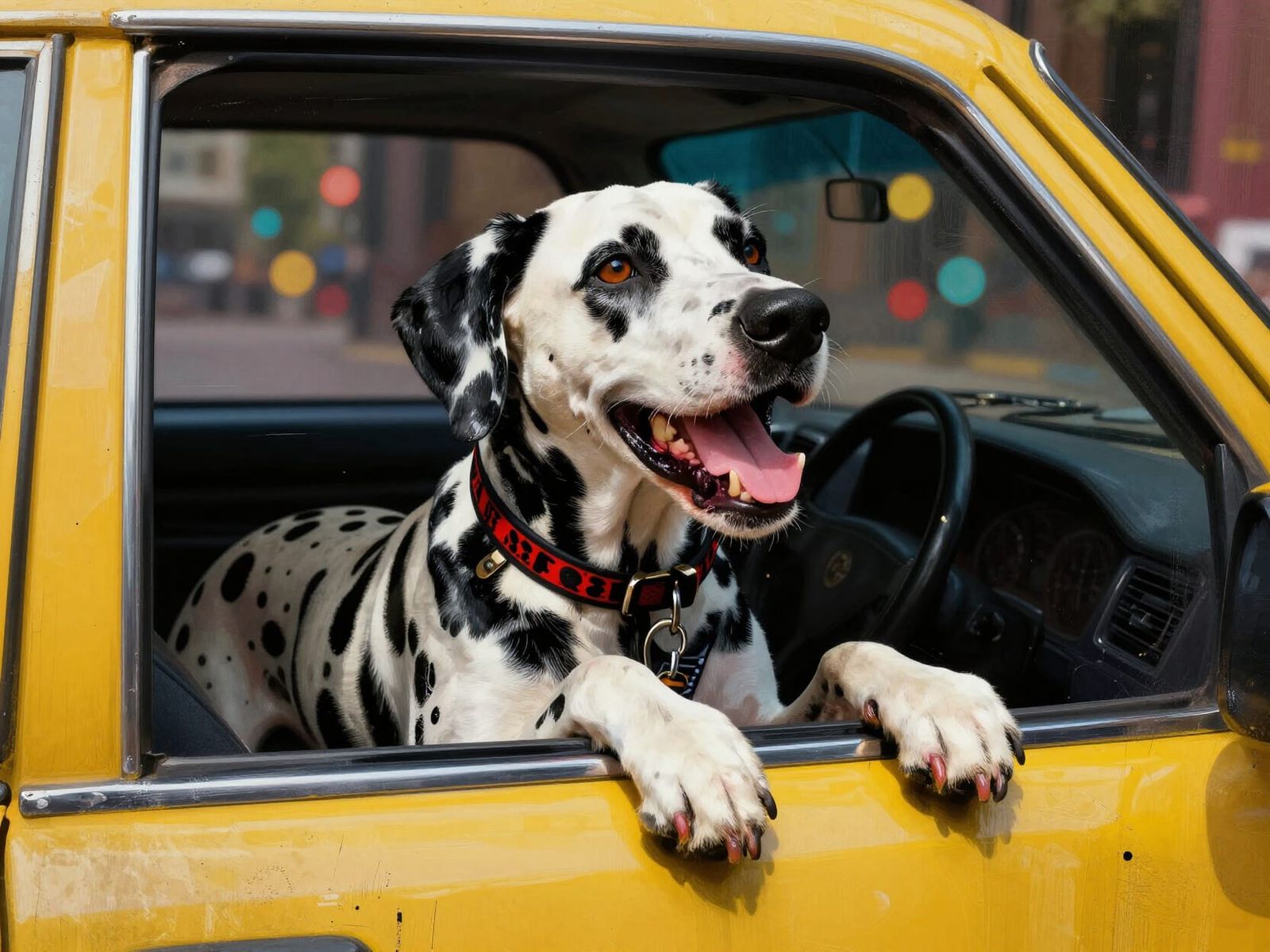 Joyful Dalmatian in Yellow Cab, Collage and Bokeh Style