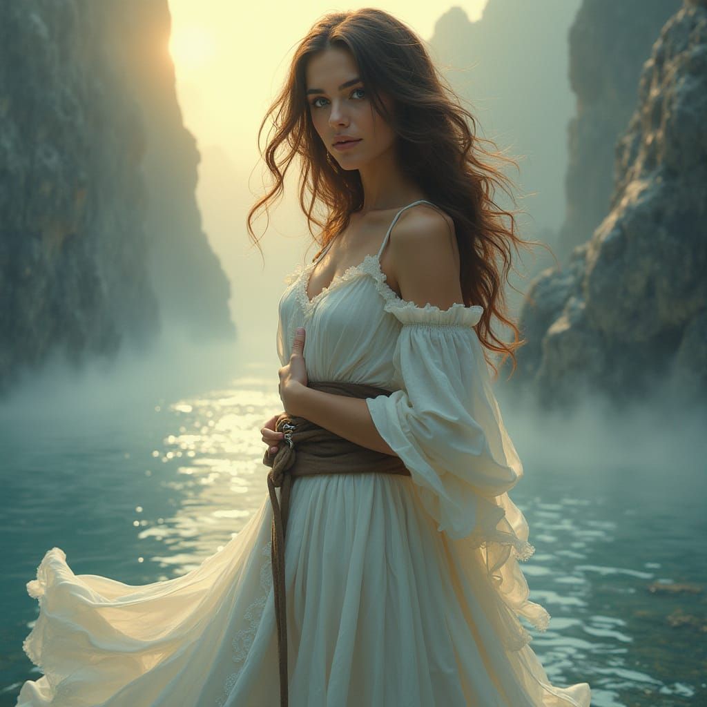 Ethereal Pirate Woman on Misty Waterscape