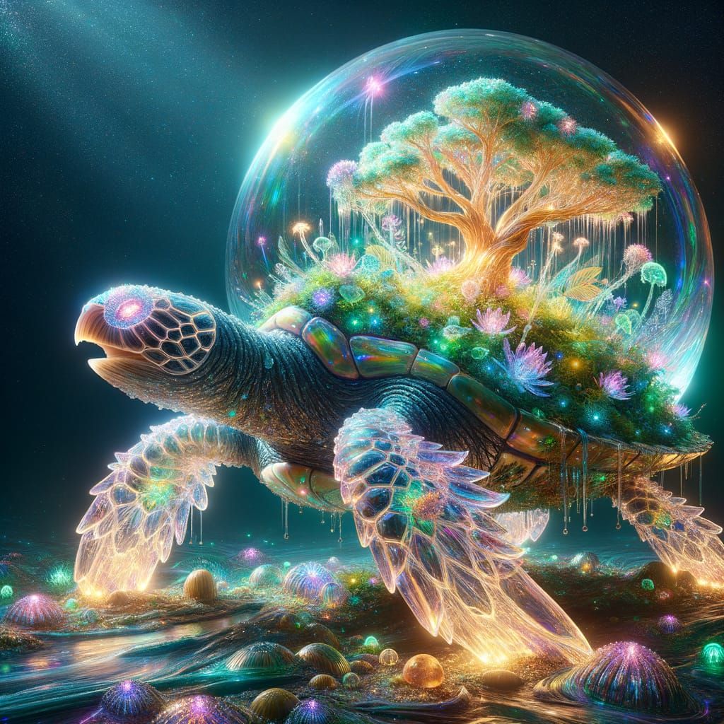 Crystal Turtle Sculpture with Bioluminescent Forest