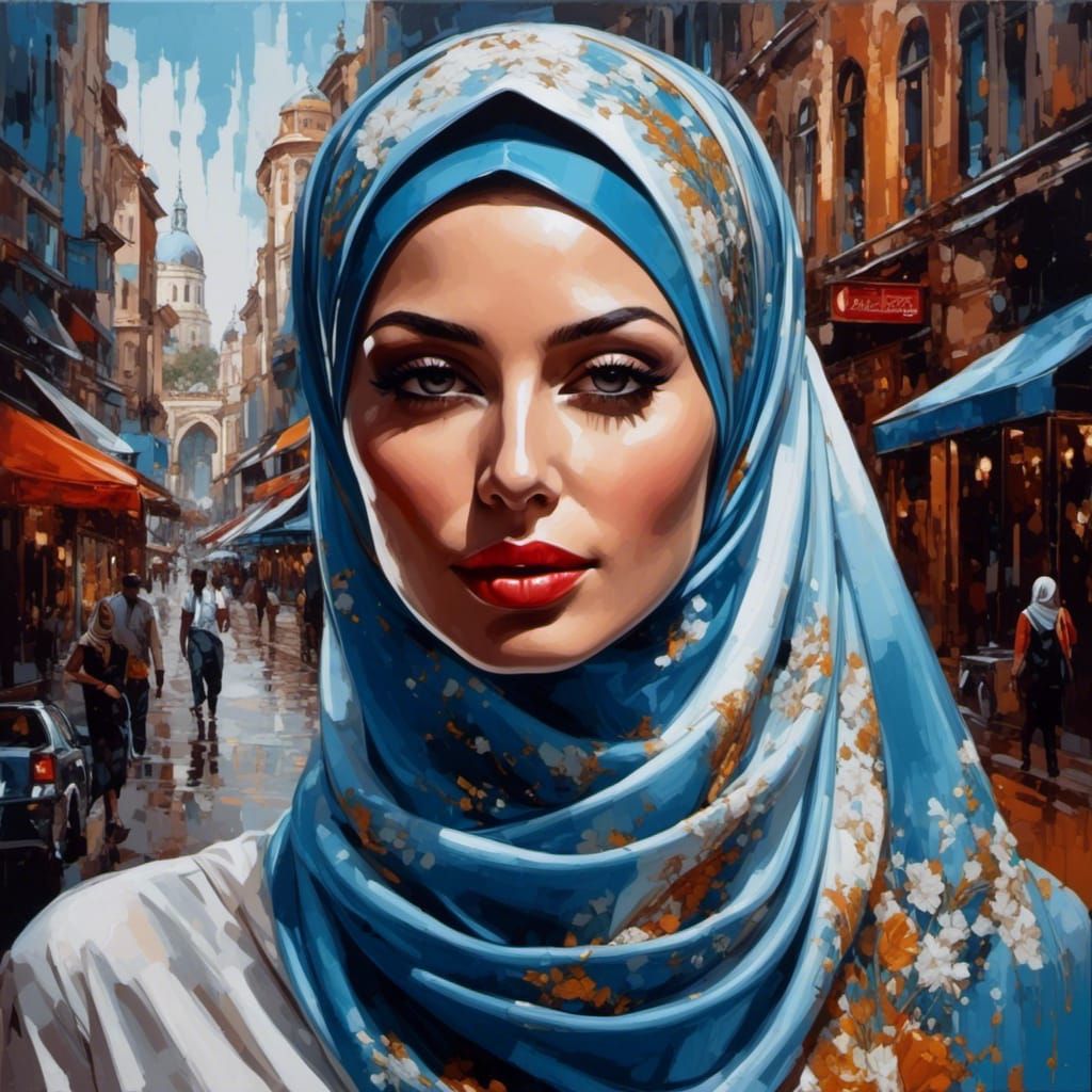Woman in Hijab and Mask in Detailed Oil Painting