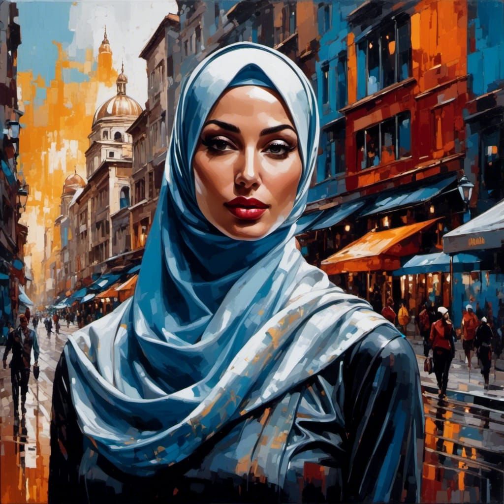 Modern Woman in Hijab: Oil and Gouache Portrait