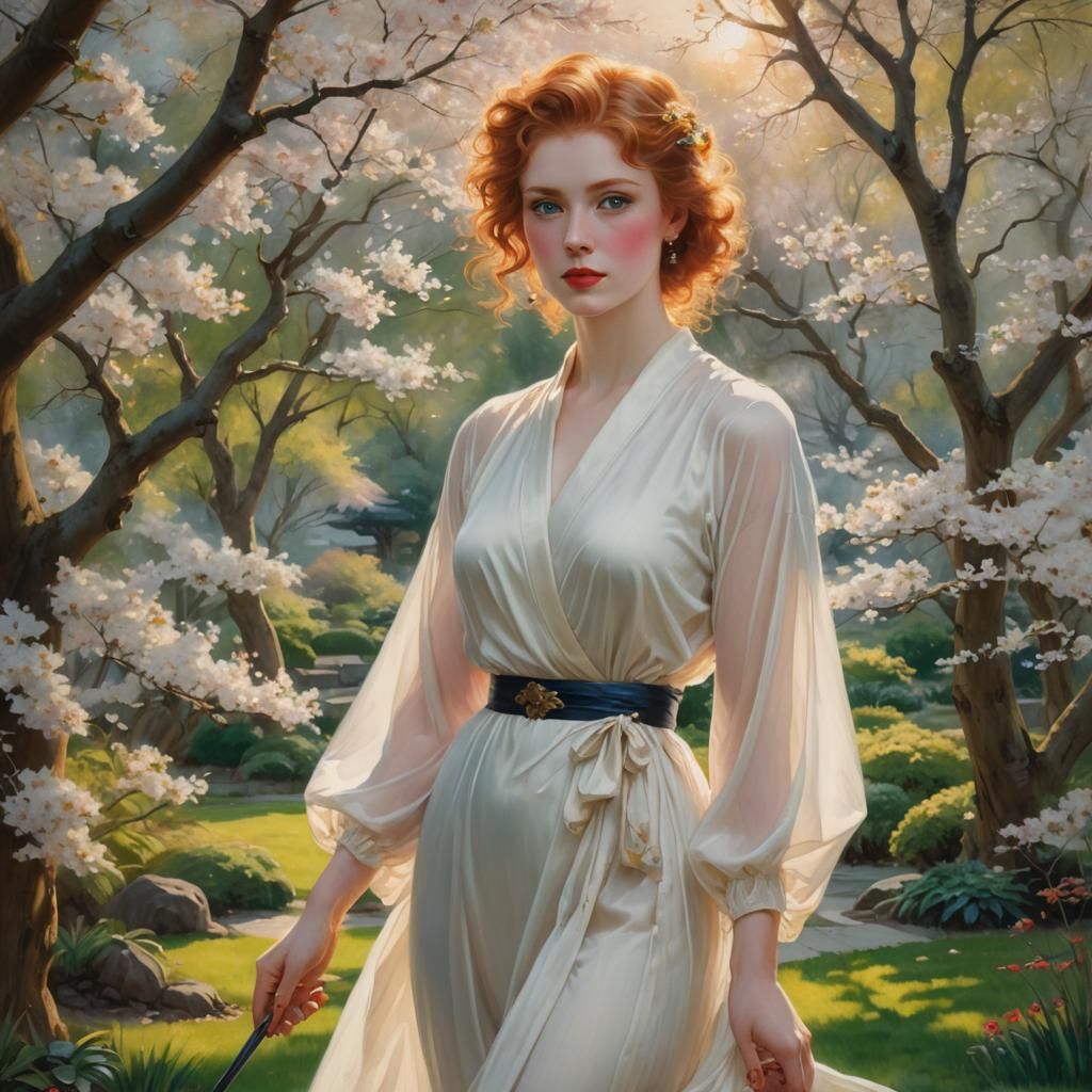 Redhead in Japanese Garden, Albert Lynch Style