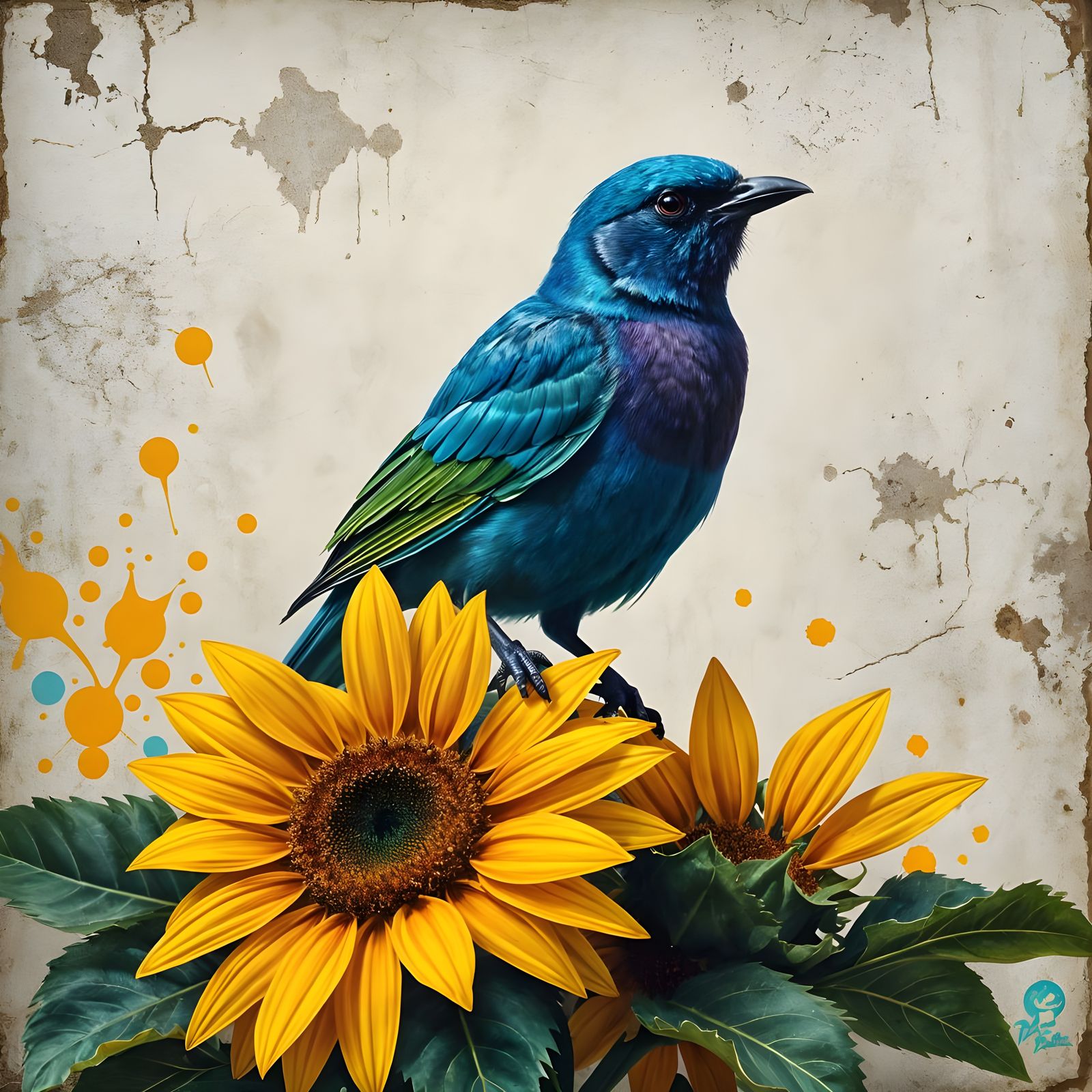 Neon Blue Bunting Bird on Sunflower Artwork