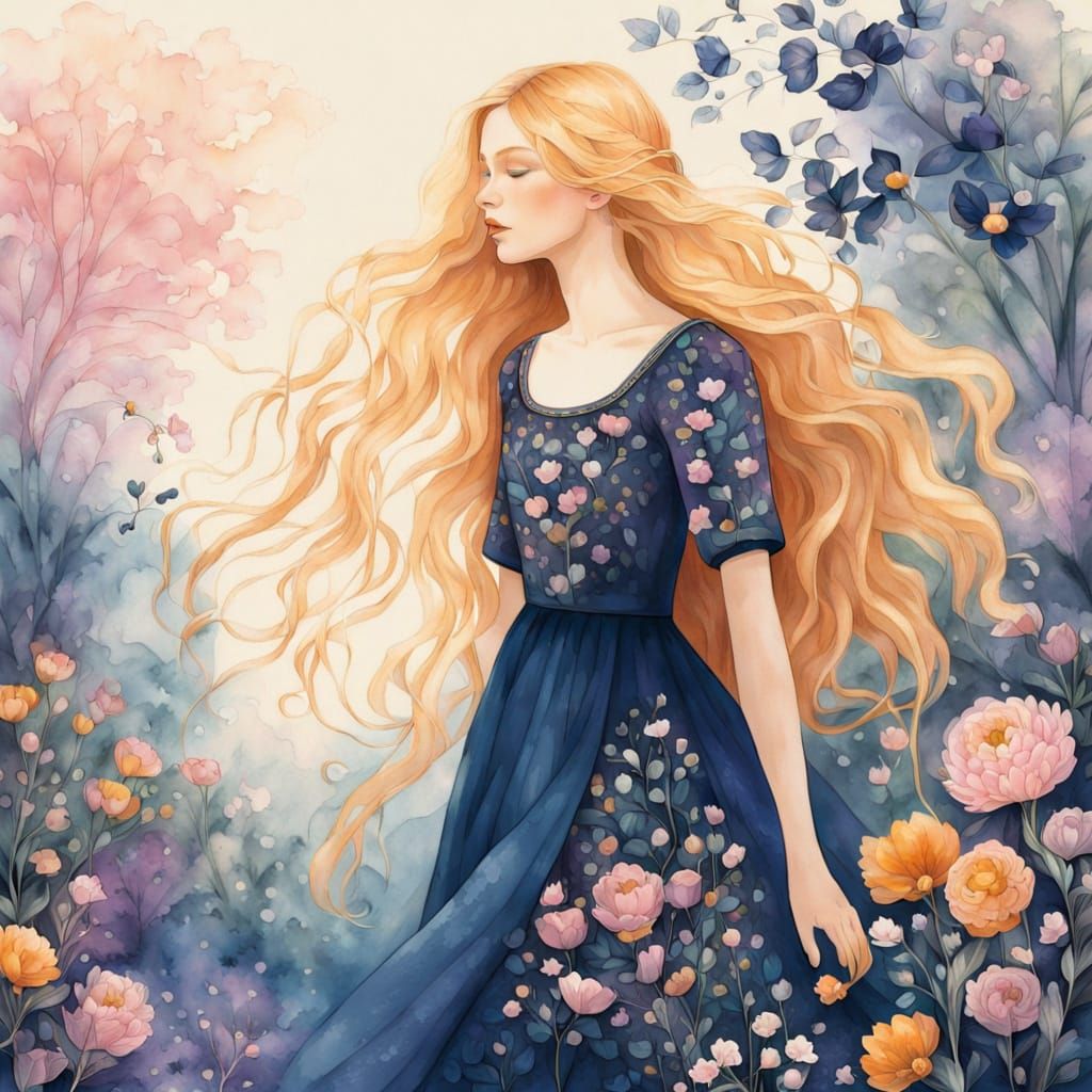 Young Woman in Vibrant Floral Garden, Ethereal Painterly Sty...