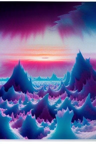 Sunrise over a near endless frozen methan ocean under a dramatic sky of fluorite hues painted by Matsuri Hino, Canalett...
