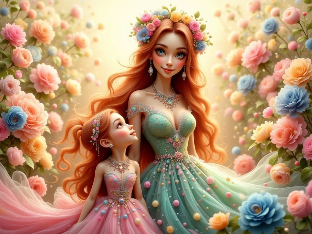 Mother and Daughter Duo in Whimsical Floral Dresses