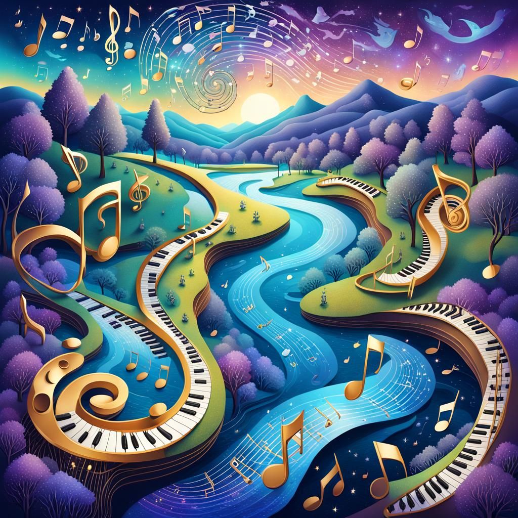 Musical River in Whimsical Fantasy Landscape