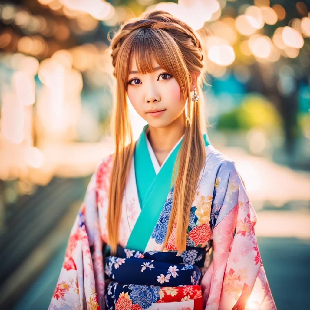 Gyaru Girl in Kimono: Modern Portrait Photography