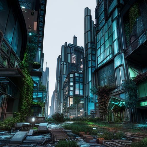Overgrown Futuristic Cityscape at Night in Cyberpunk Style
