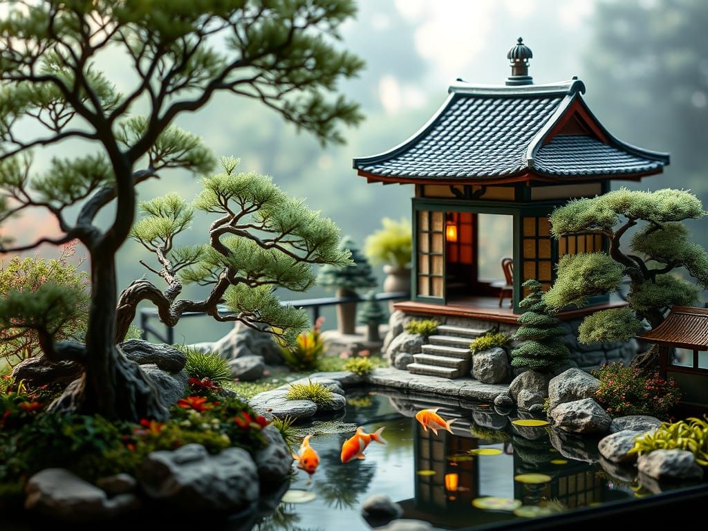Serene Japanese Tea House in a Tranquil Zen Garden