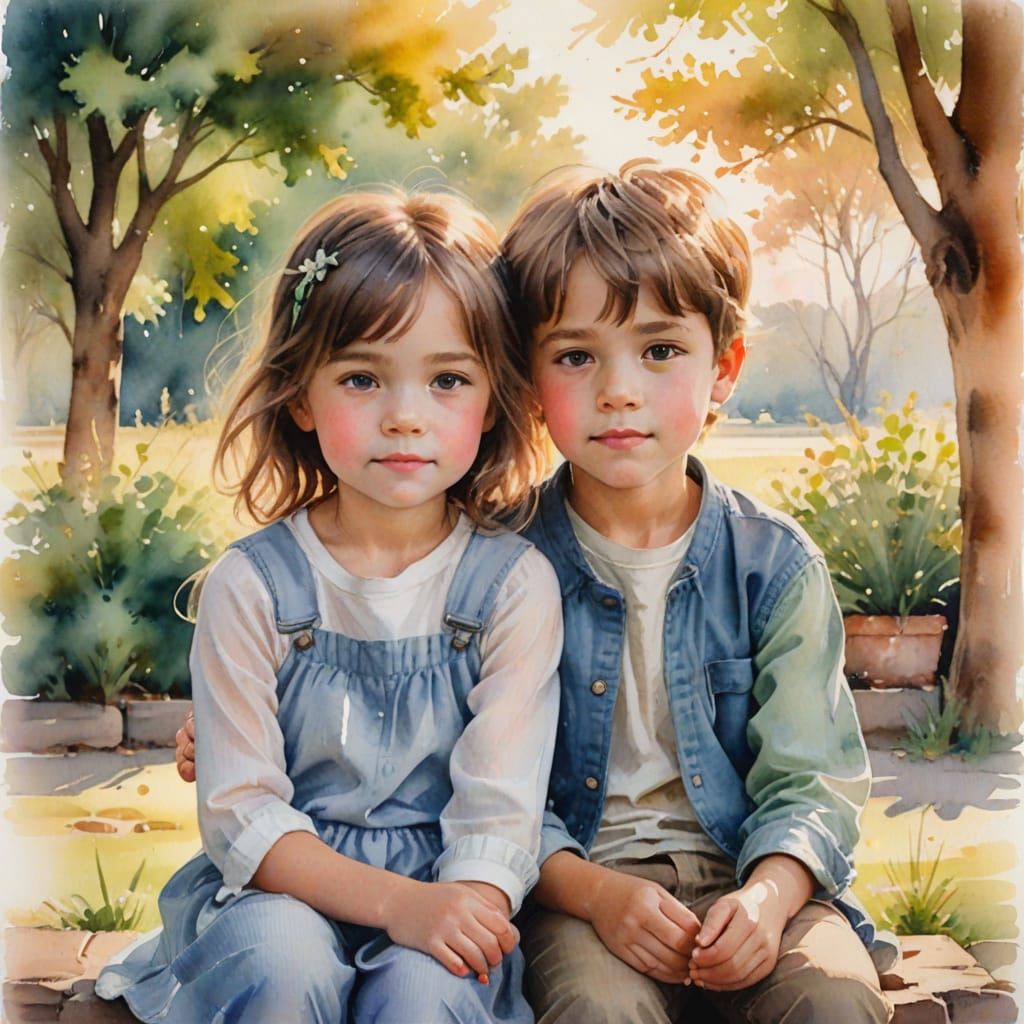 Whimsical Watercolor Portrait of a Boy and Girl