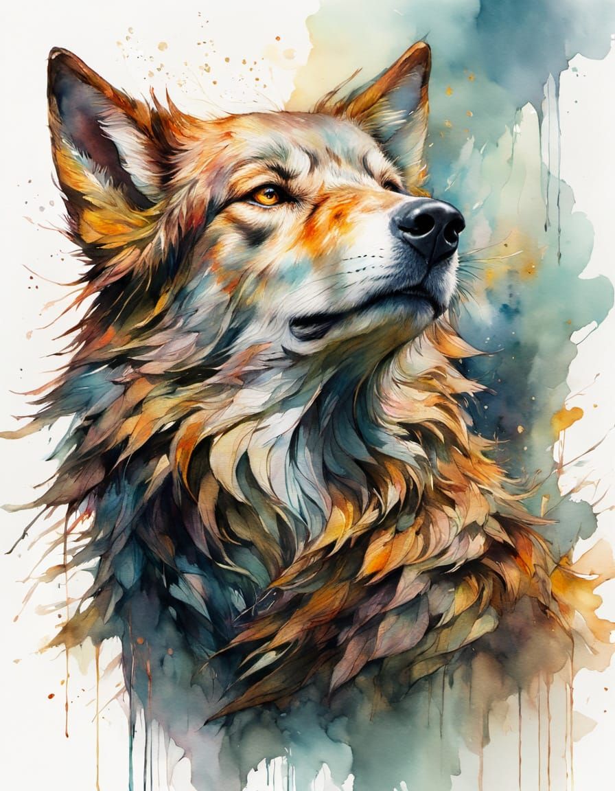 Expressive Watercolor of a Howling Wolf Portrait