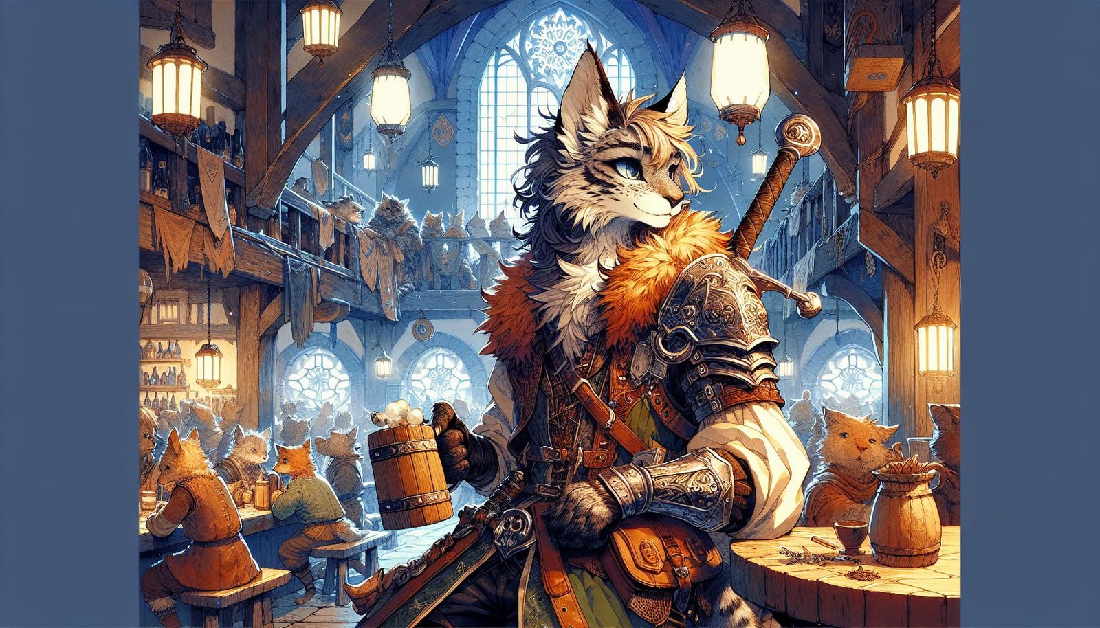 Anime Tavern Scene: Cat Adventurer with Mead