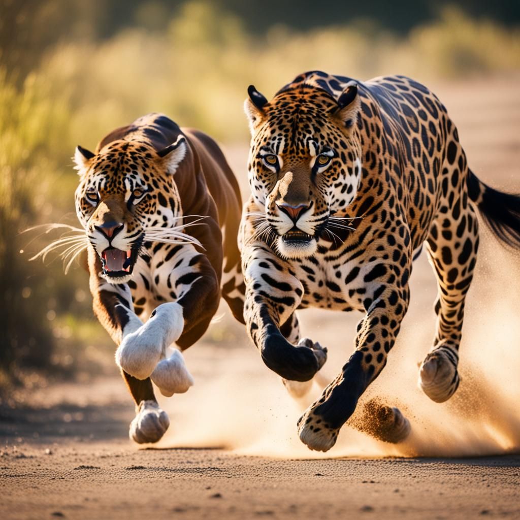 Jaguar and White Horse in Motion