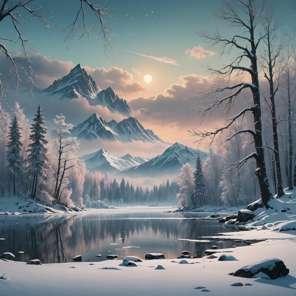 Snowy Lake Landscape in Digital Art Style