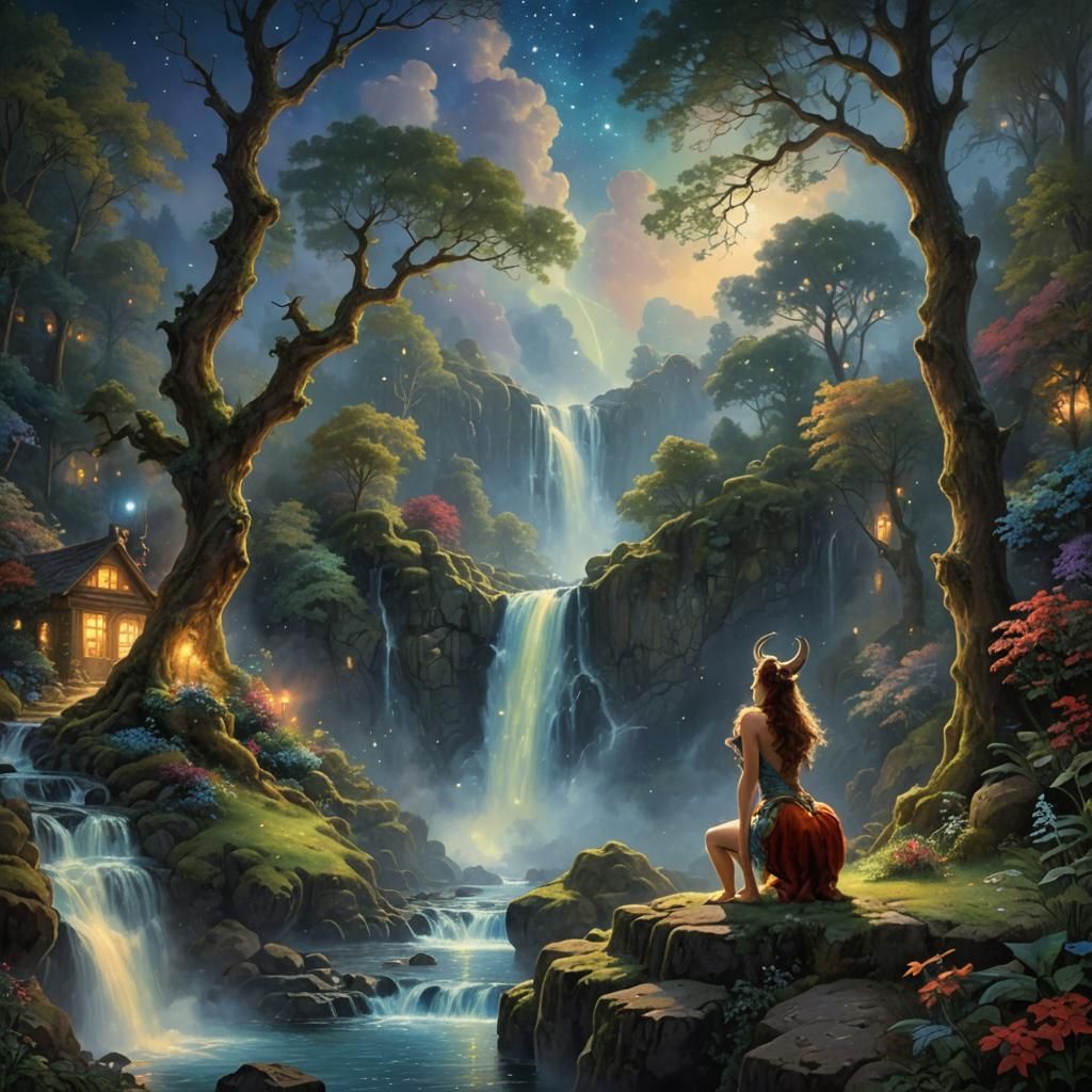 Female Satyr in Forest Under Starry Night Sky