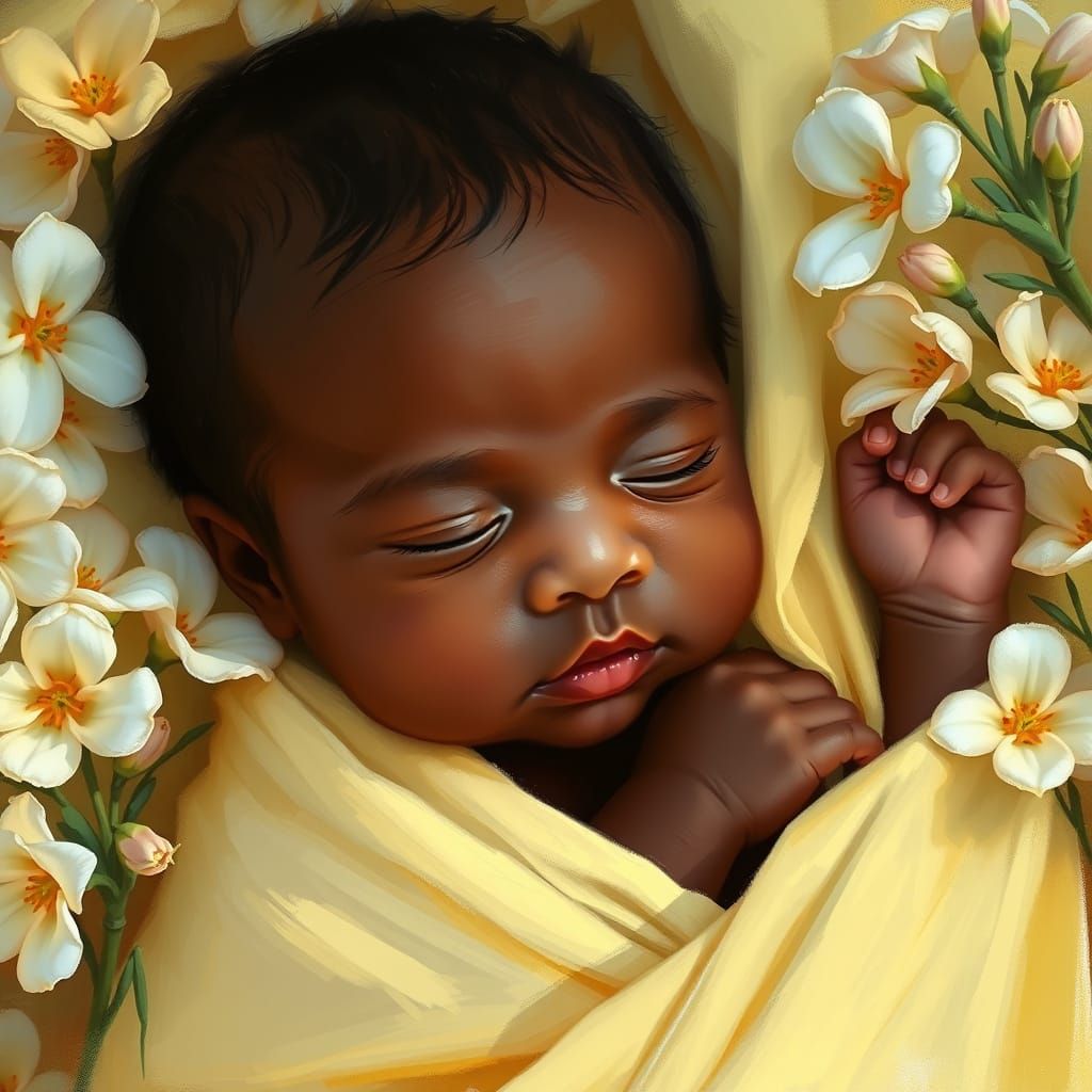 Baby Among Primroses in Digital Painting Style