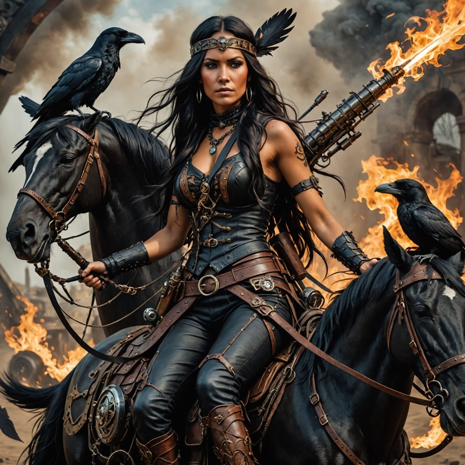 Indigenous Warrior Woman on Steampunk Horse