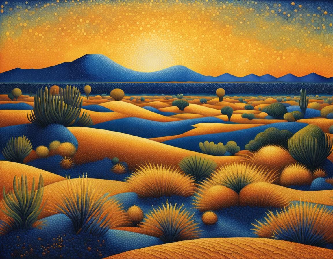 Desert Cityscape at Dusk in Pointillist Style