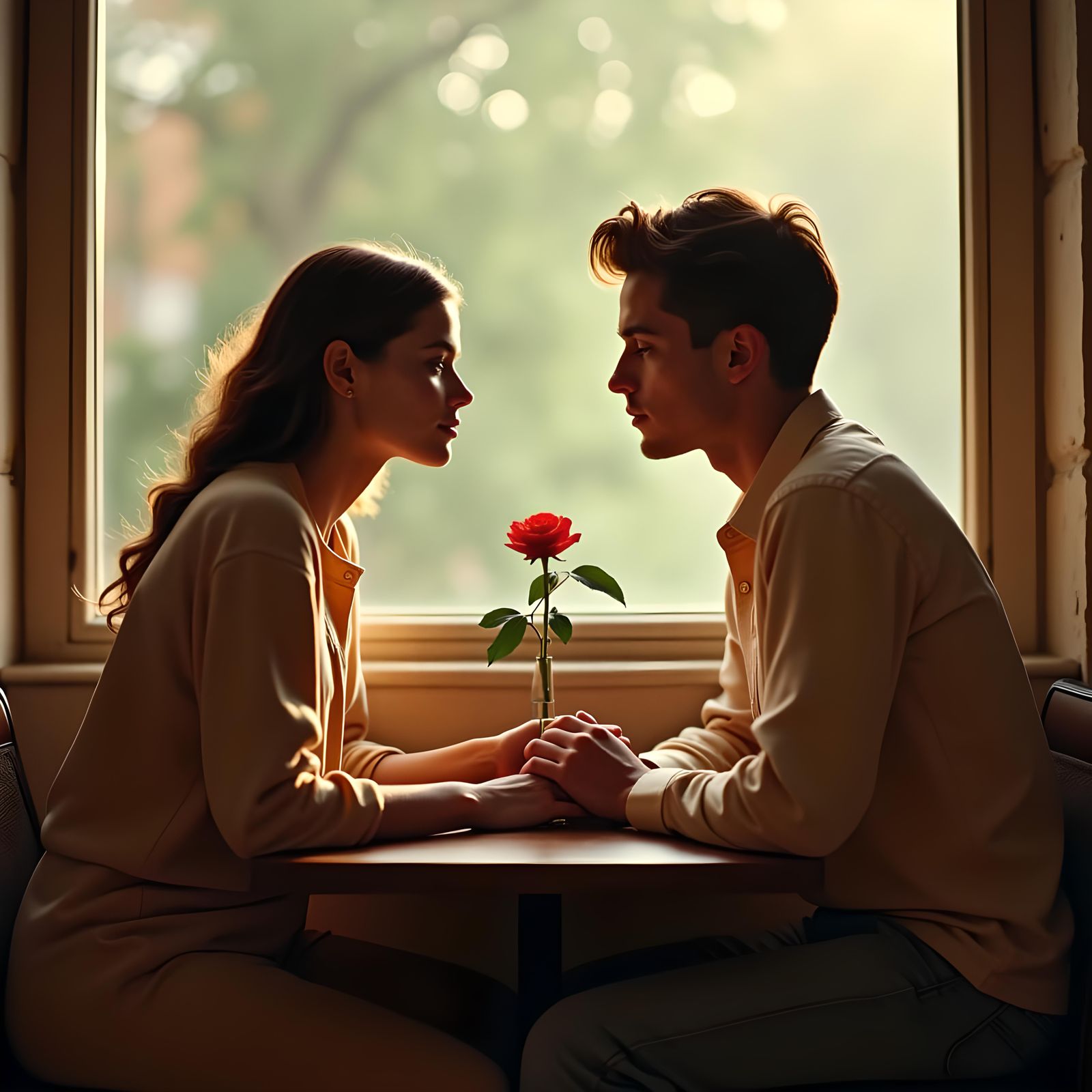 Lovers Holding Hands in Coffee Shop: Cinematic Still