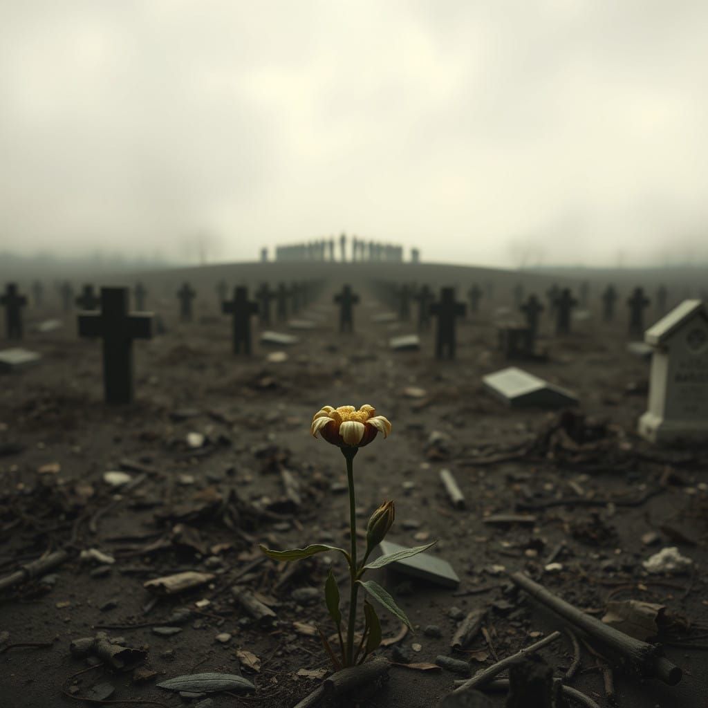 Barren War-Torn Landscape with Wilting Flower