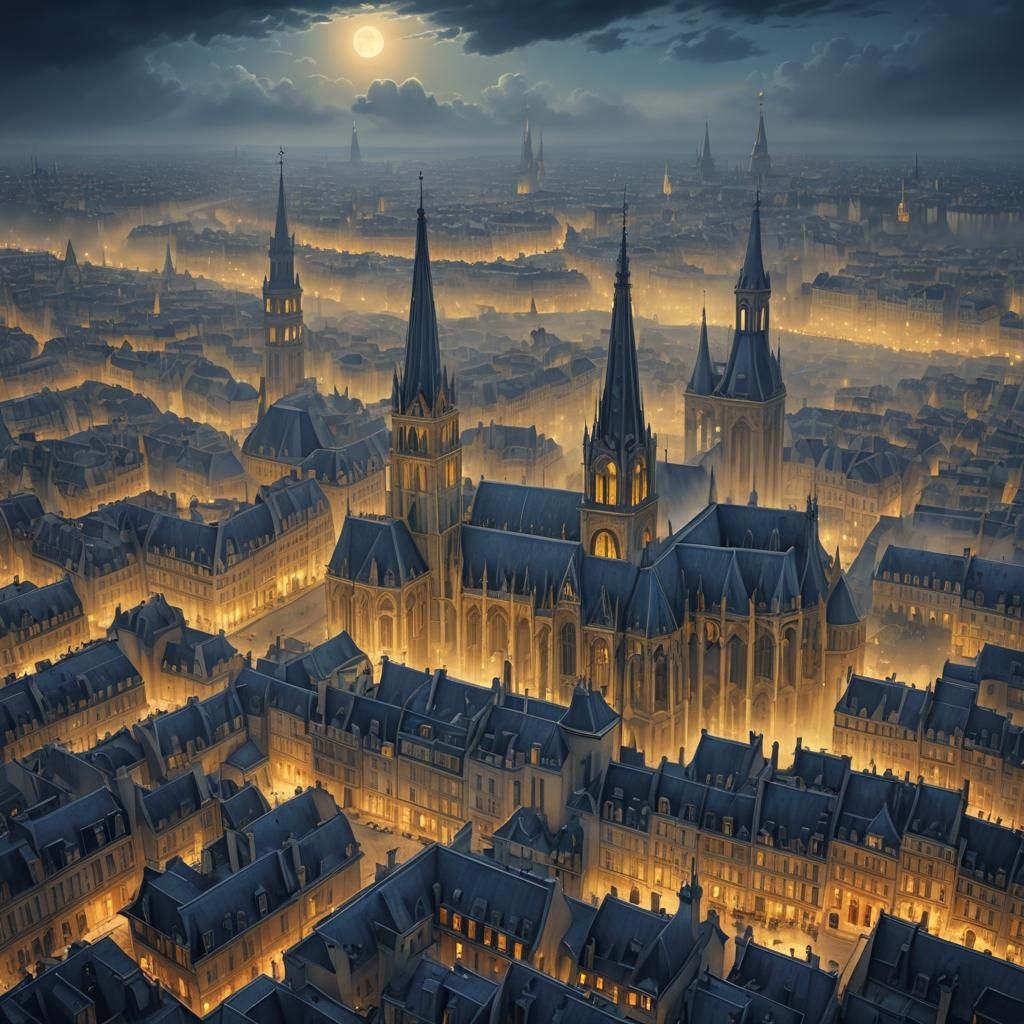 Gothic Paris in Predawn Mist: Digital Concept Art