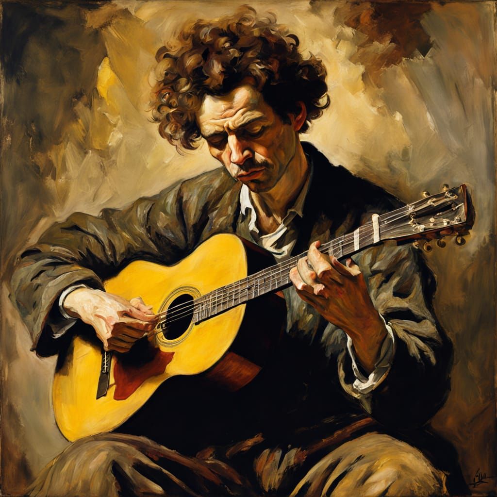 Weary Guitarist Portrait in Oil Painting Style