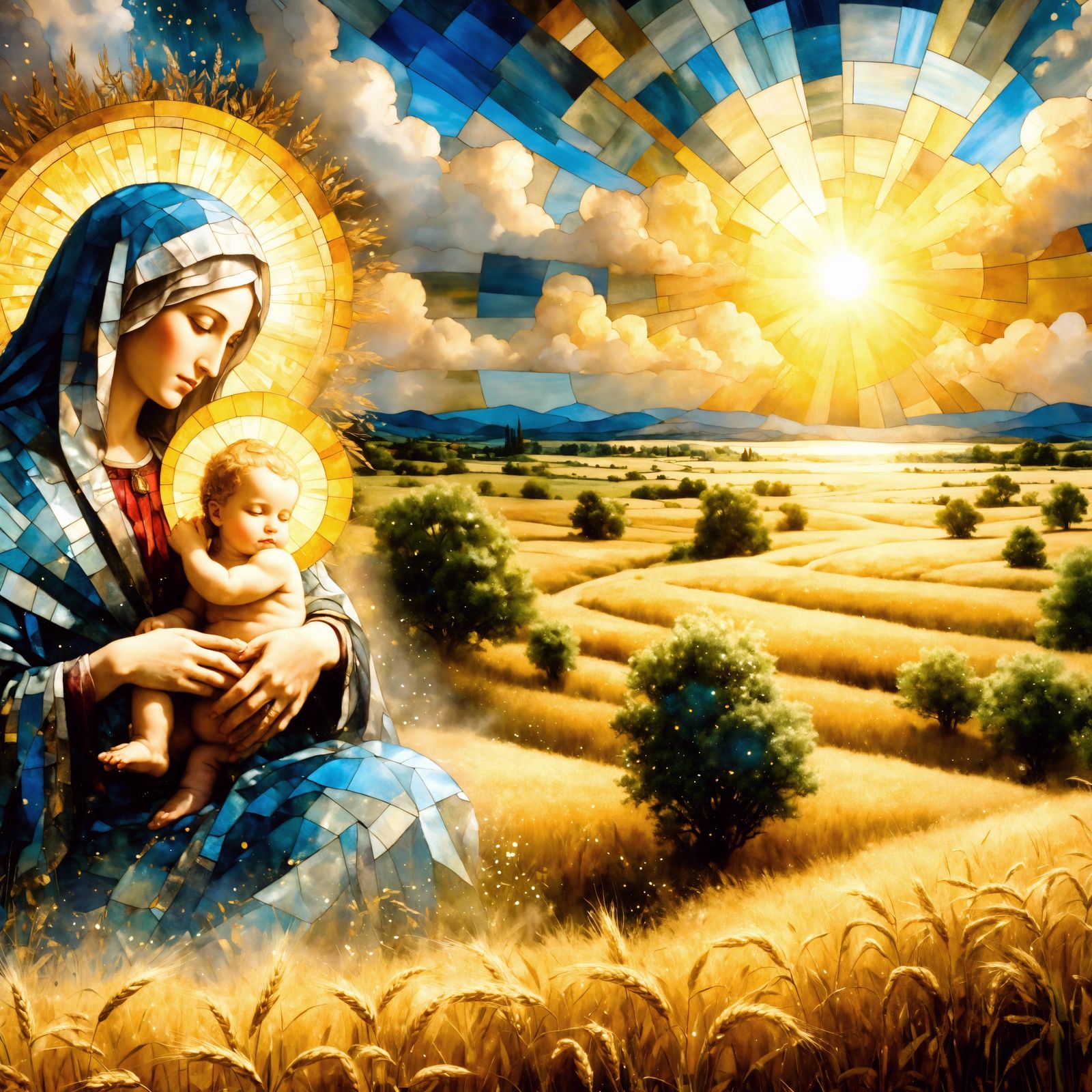 Virgin Mary and Baby Jesus in Neo-Cubist Style