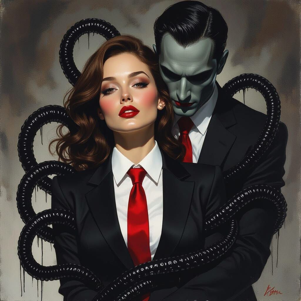 Woman Restrained by Tentacles in Dark Ink Wash Painting