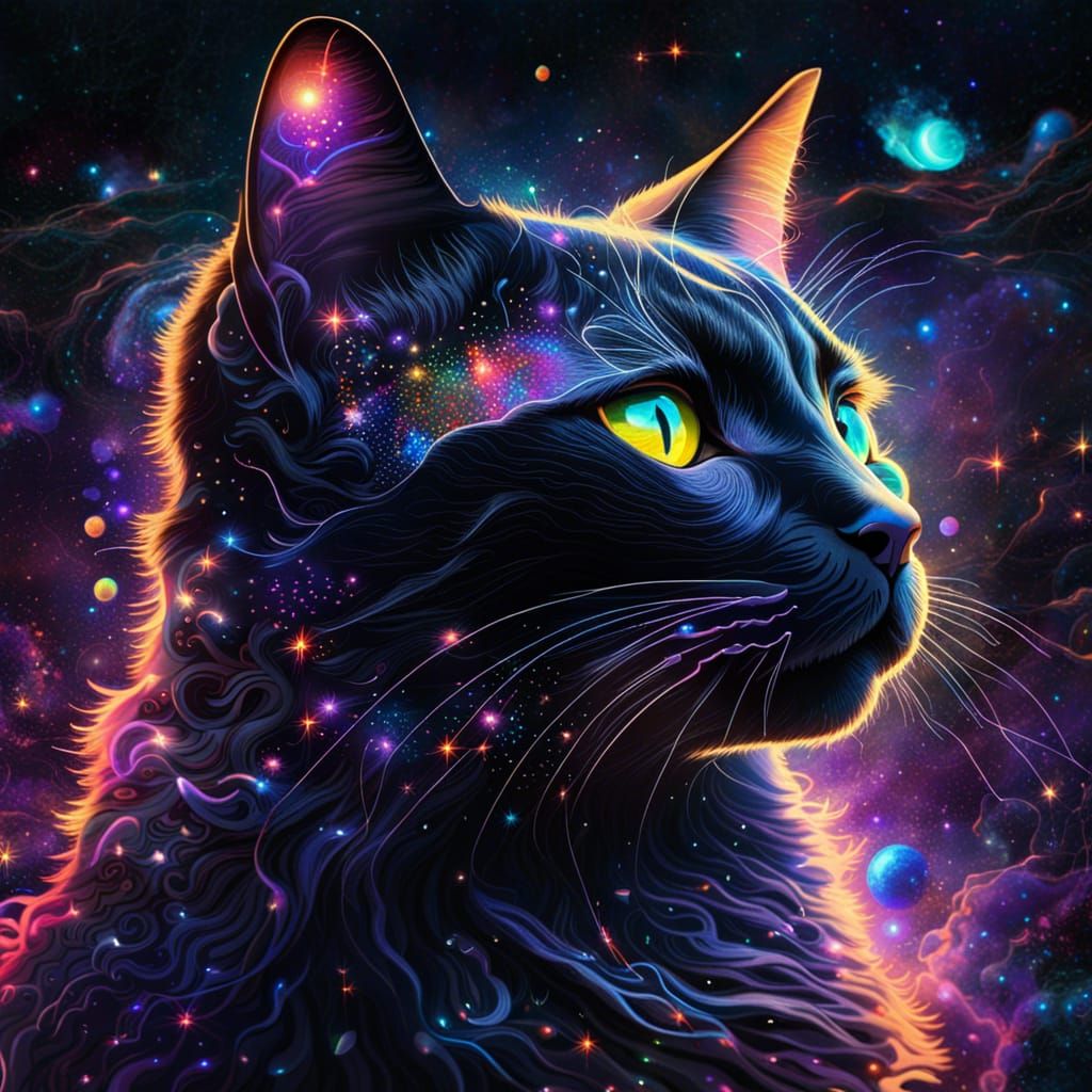 Black Cat in Space: Holographic Astral Illustration