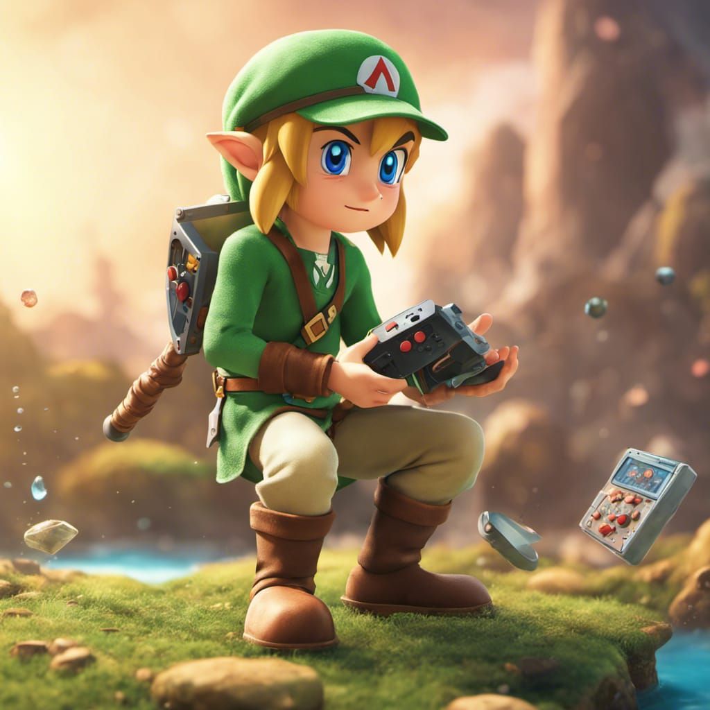 Cute Link Playing Nintendo: Hyperrealistic Splash Art