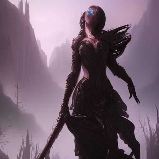 Fantastical Girl in Black: Detailed Matte Painting
