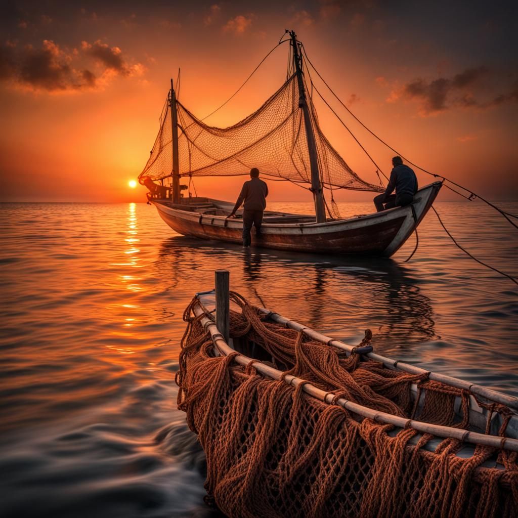 Greek Fishing Boat at Orange Sunrise
