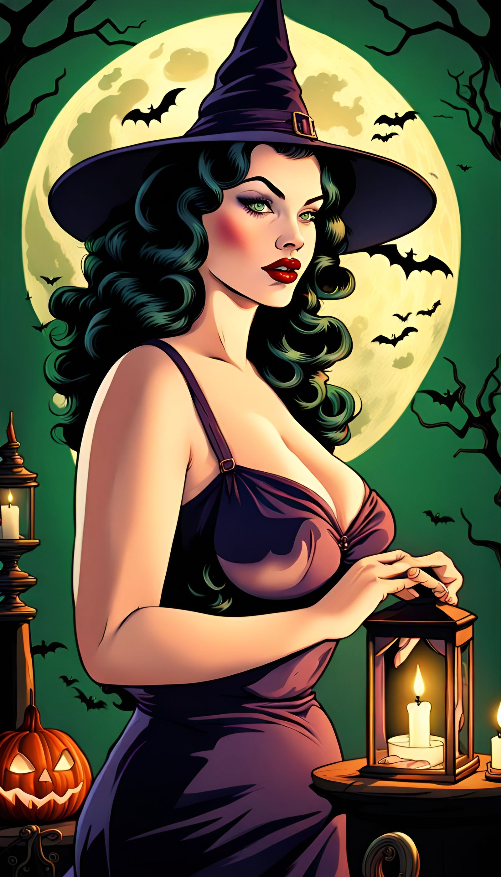 Vintage Witch Cartoon in Dark Fantasy Style