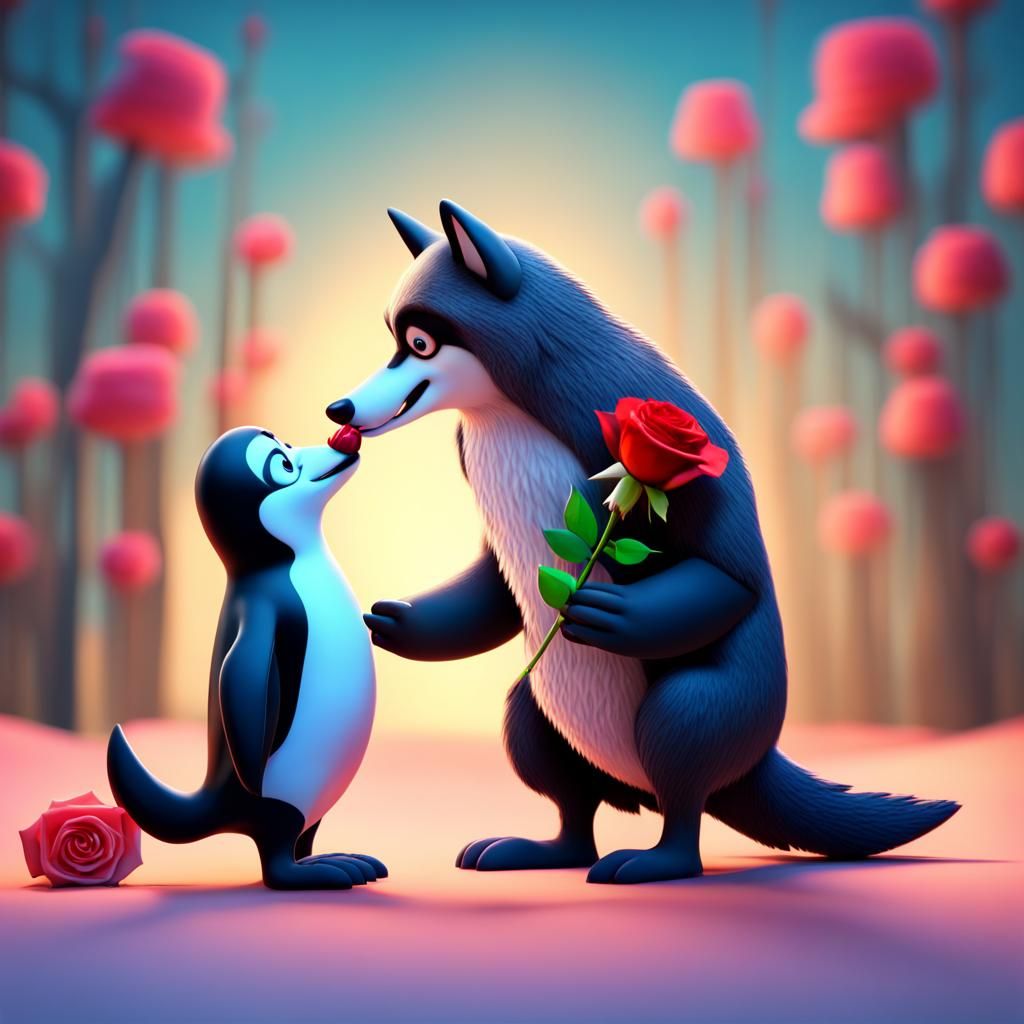 Penguin Offers Rose to Wolf: Pixar-Style 3D Art