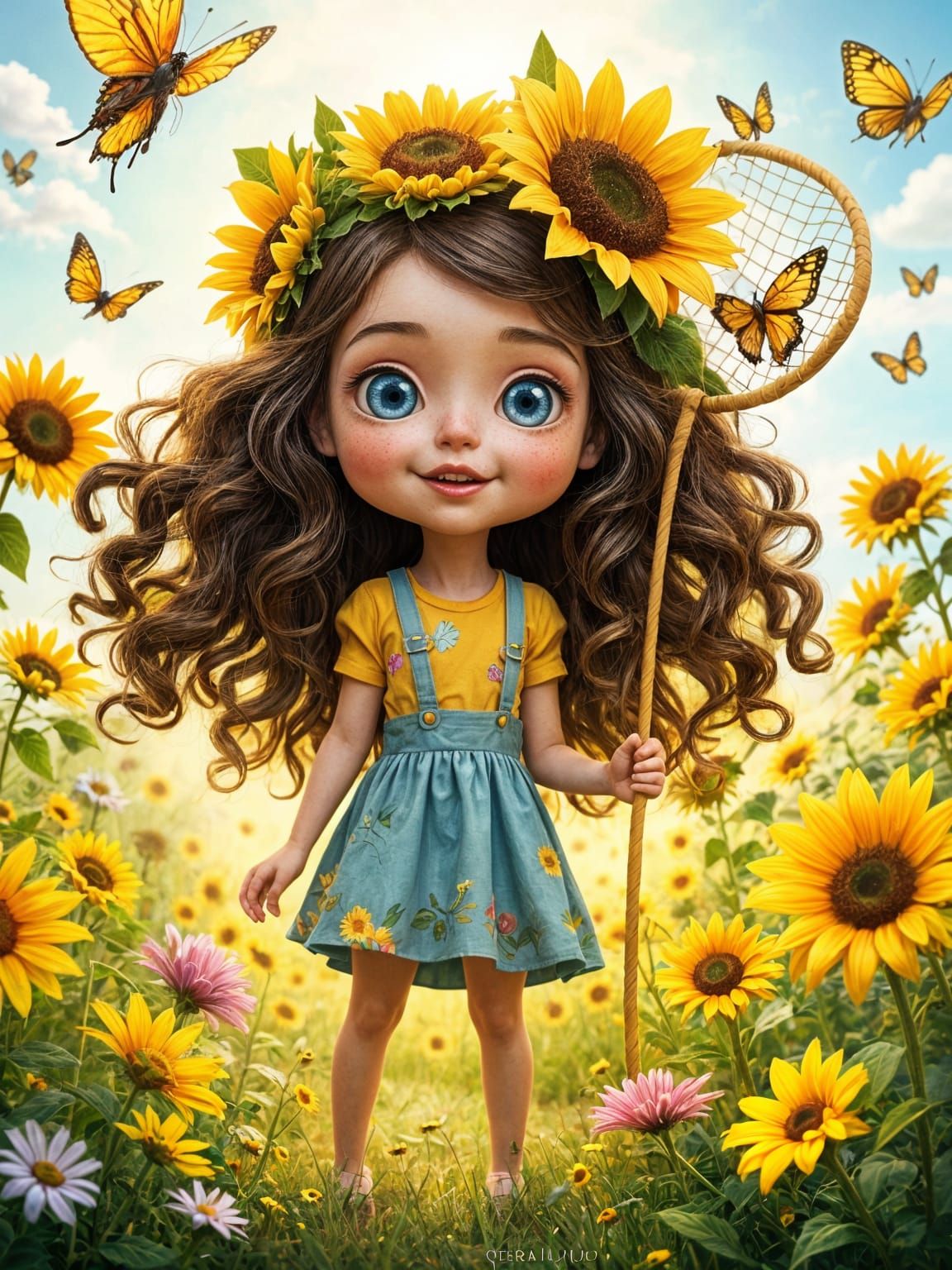 Whimsical Girl in Meadow With Butterfly Net