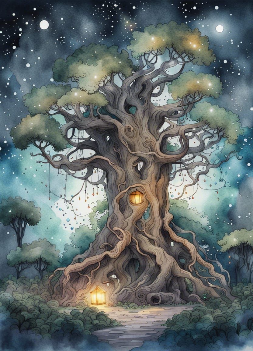 Magical Ancient Jungle Tree: Watercolor Ink Painting