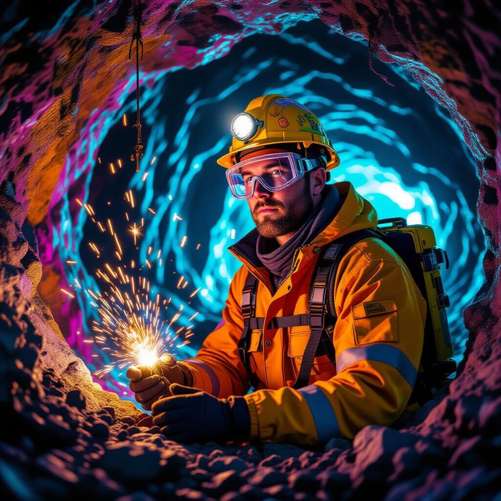 Sci-Fi Gold Miner in a Hyperreal Mine